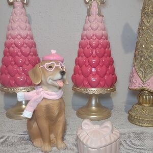 Cute Dog Figurine with Pink Accessories